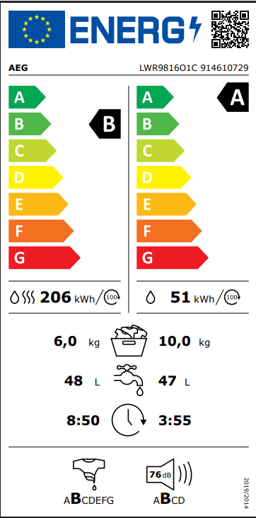 AEG Lavadora Secadora LWR9816O1C Serie 9000 AbsoluteCare® 10kg Libre Instalación - Imagen 6